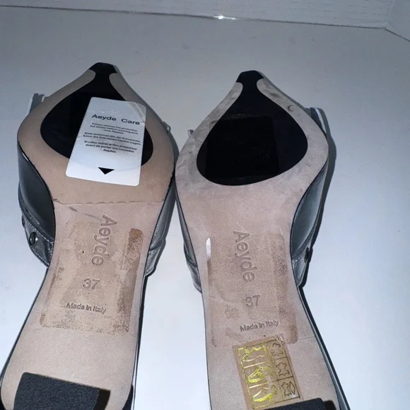 AEYDE Tania Kiltie Fringe Silver Metallic Mule Pumps 37=7